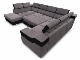 Sofá en forma de U - Ángela. Cama extraíble y reposacabezas reclinables. 7 plazas, derecho, gris negro