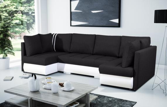 Foto Sofá en forma de U pequeño con cama, 2 chaise longue y 3 arcones – R-City U, Negro/Blanco, Tela/Polipiel, 288x144