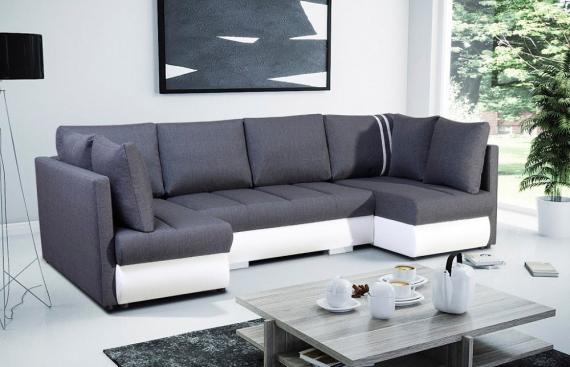 Foto Sofá en forma de U pequeño con cama, 2 chaise longue y 3 arcones – Bora, Gris + Blanco