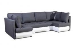 Sofá en forma de U pequeño con cama, 2 chaise longue y 3 arcones – Bora, Gris + Negro