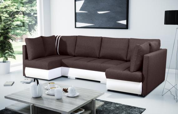 Foto Sofá en forma de U pequeño con cama, 2 chaise longue y 3 arcones – R-City U, Marron/Blanco, Tela/Polipiel, 288x144