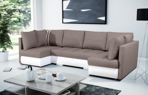 Foto Sofá en forma de U pequeño con cama, 2 chaise longue y 3 arcones – R-City U, Beige/Blanco, Tela/Polipiel, 288x144