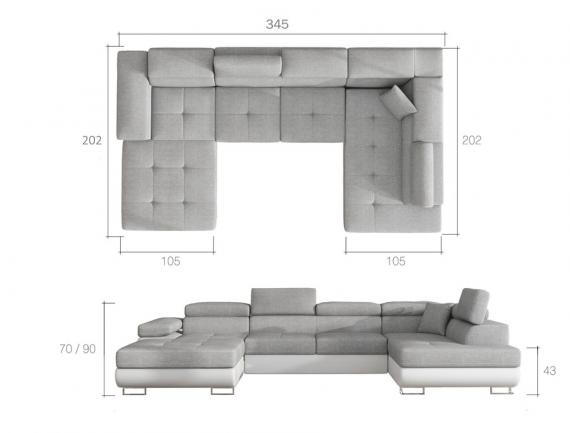 Foto Sofá en forma de U - Rodrigo. Cama Extraíble y Arcón., Gris oscuro tela / Gris Polipiel, 345cm x 202cm