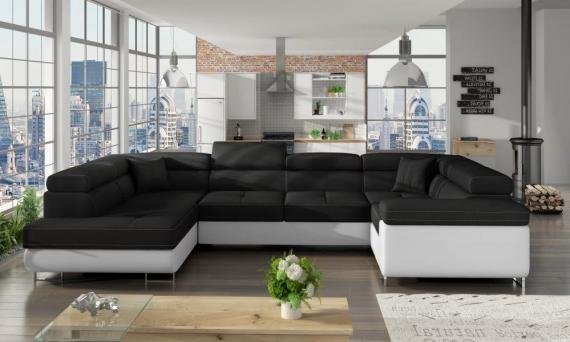 Foto Sofá en U moderno (2 chaiselongs) con cama y arcón – Letto, Tela y polipiel, Negro / Blanco, 340x202
