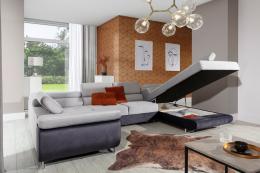 Sofá en U moderno (2 chaiselongs) con cama y arcón – Letto, Tela y polipiel, gris / blanco, 340x202