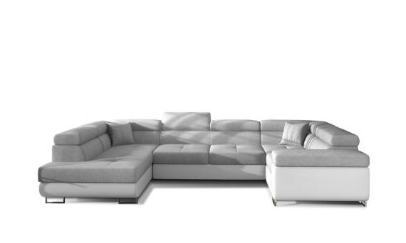 Foto Sofá en U moderno (2 chaiselongs) con cama y arcón – Letto, Tela y polipiel, gris / blanco, 340x202