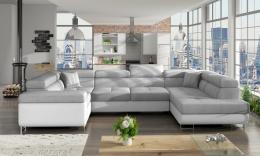 Sofá en U moderno (2 chaiselongs) con cama y arcón – Letto, Tela y polipiel, gris / blanco, 340x202