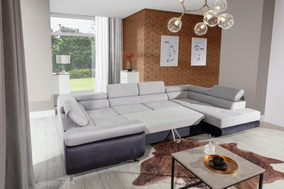 Foto Sofá en U moderno (2 chaiselongs) con cama y arcón – Letto, Tela y polipiel, Negro / Blanco, 340x202