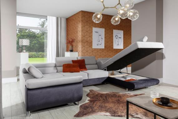 Foto Sofá en U moderno (2 chaiselongs) con cama y arcón – Letto, Tela y polipiel, Negro / Blanco, 340x202