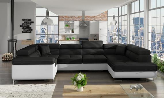 Foto Sofá en U moderno (2 chaiselongs) con cama y arcón – Letto, Tela y polipiel, Negro / Blanco, 340x202