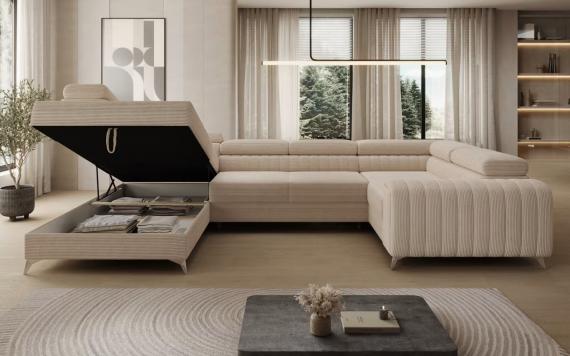 Foto SOFÁ GRANDE CON CAMA Y ARCÓN FORMA DE U CON PATAS ALTAS 347 CM X 202 CM LUIS BEIGE/TELA PANA