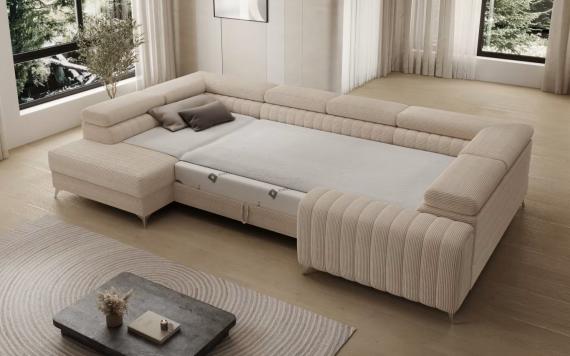 Foto SOFÁ GRANDE CON CAMA Y ARCÓN FORMA DE U CON PATAS ALTAS 347 CM X 202 CM LUIS BEIGE/TELA PANA