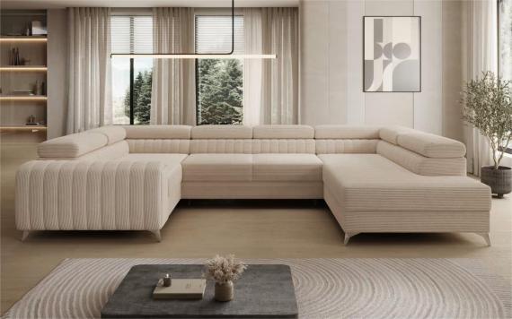 Foto SOFÁ GRANDE CON CAMA Y ARCÓN FORMA DE U CON PATAS ALTAS 347 CM X 202 CM LUIS BEIGE/TELA PANA