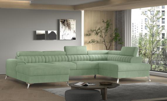 Photo Large U-shaped sofa with bed and storage, high legs, 354 cm x 202 cm, olive green lacquer