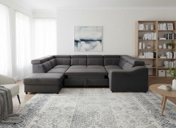 Foto Sofá Panorámico en U ANGELA | 7 Plazas XXL con Cama y 9 Cabezales Reclinables (335 cm) gris oscuro