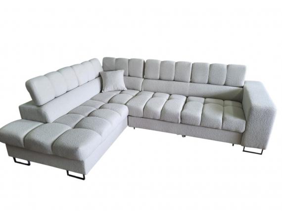 Foto Sofá Rinconera DUBAI L | Tejido Bouclé Blanco con Cama y Arcón (271x202 cm)