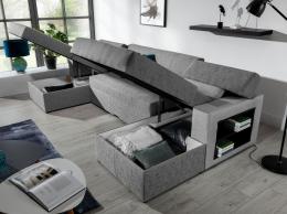 Sofá U 310 cm. rinconera con chaise longue y cama – Markos, Gris oscuro/gris claro, izquierdo