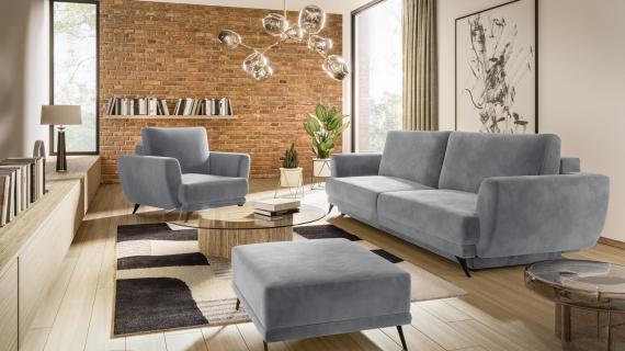 Foto Sofa 3 plazas extensible con sillon y puf - Megis, Gris claro, 242cm