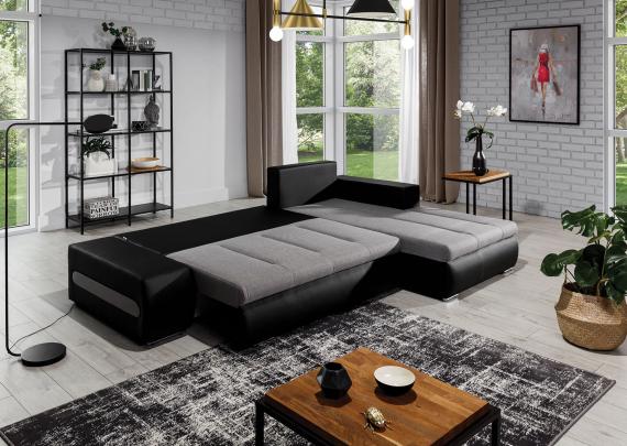 Foto Sofa cama - 275x180 - Gris/tela-Negro/polipiel - OTTAVIO