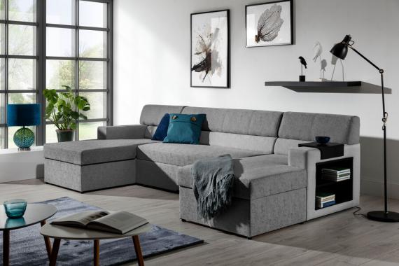 Foto Sofa U con cama - MARKOS, Gris oscuro tela / Gris claro tela, 310cm x 159cm