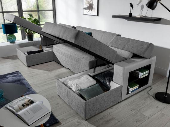 Foto Sofa U con cama - MARKOS, Gris oscuro tela / Gris claro tela, 310cm x 159cm