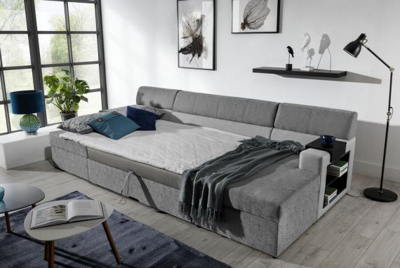 Foto Sofa U con cama - MARKOS, Gris oscuro tela / Gris claro tela, 310cm x 159cm