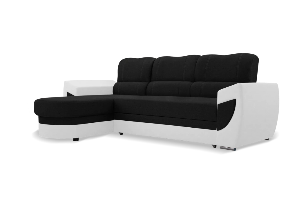 Sofá Cama con Chaise Longue curvo de diseño reversible – TRENDY, Negro / Blanco, Tela y polipiel