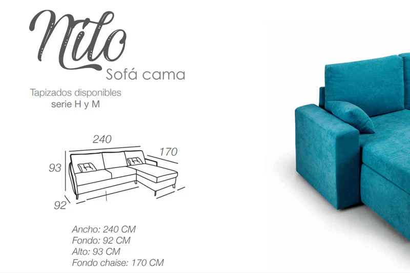 Sofá Chaise Longue cama reversible+arcon - NILO, Azul, 240cm x 170cm