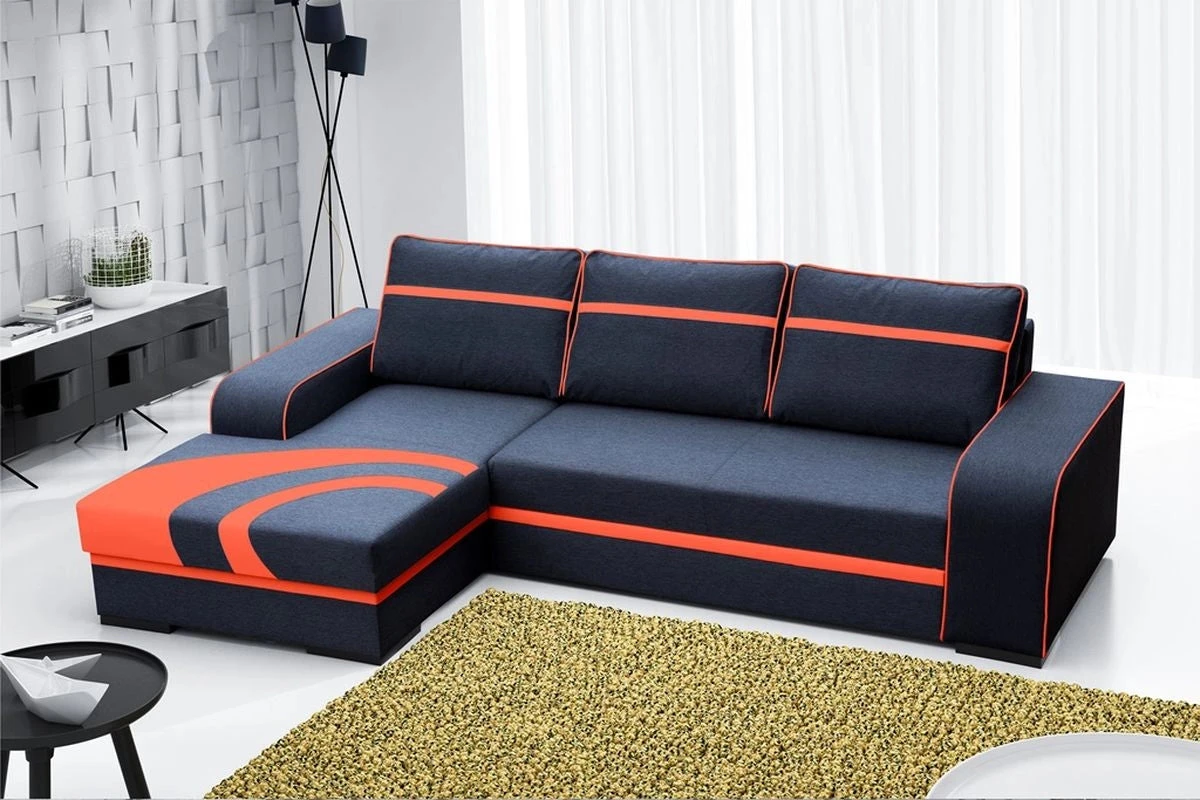 Sofá chaise longue grande con cama y arcón — Flores, Negro / Rojo