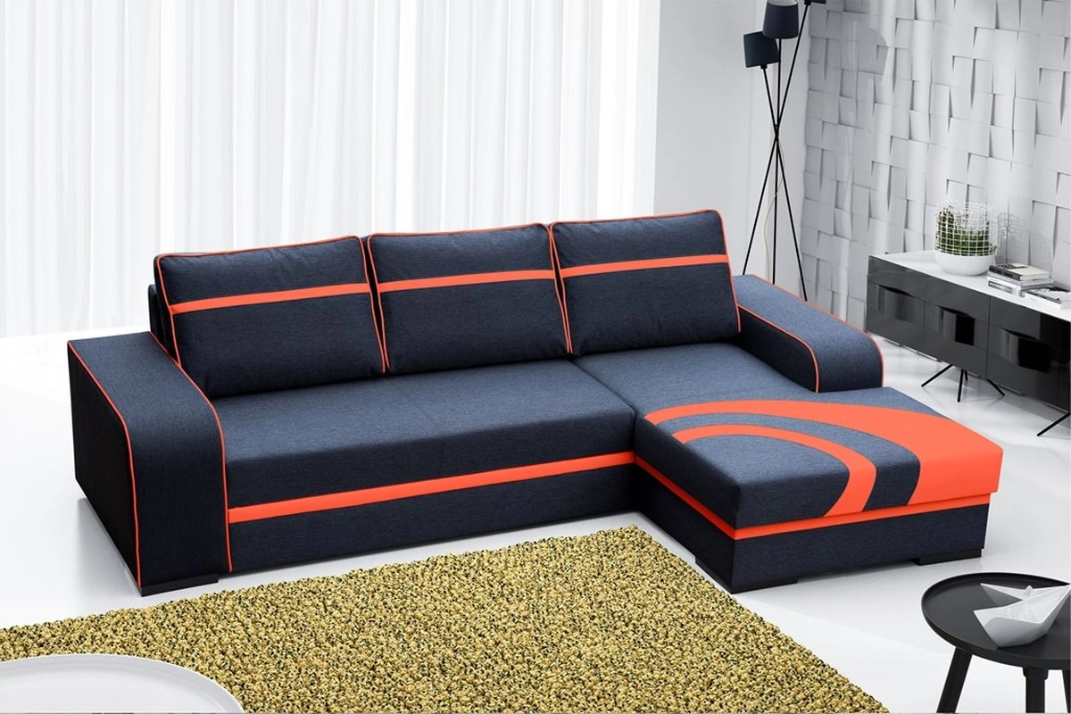 Sofá chaise longue grande con cama y arcón — Flores, Negro / Rojo