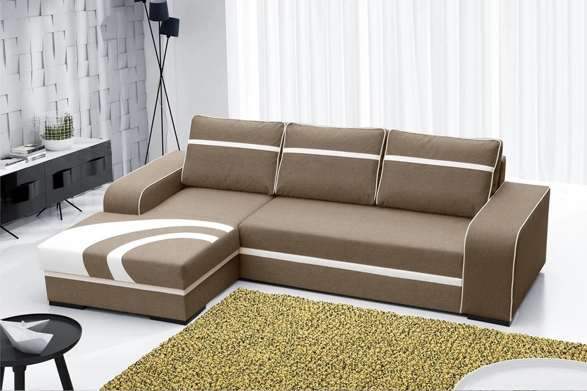 Sofá chaise longue grande con cama y arcón — Flores, Beige / Blanco