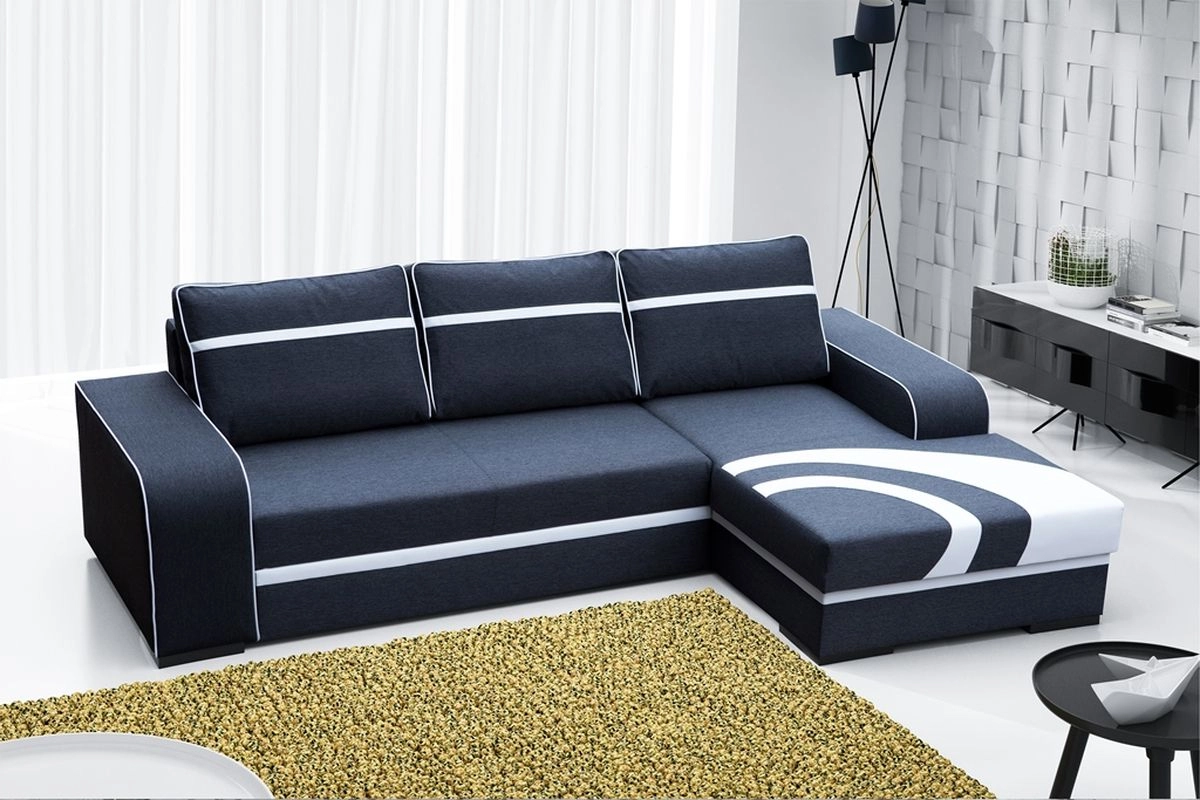 Sofá chaise longue grande con cama y arcón — Flores, Negro / Blanco