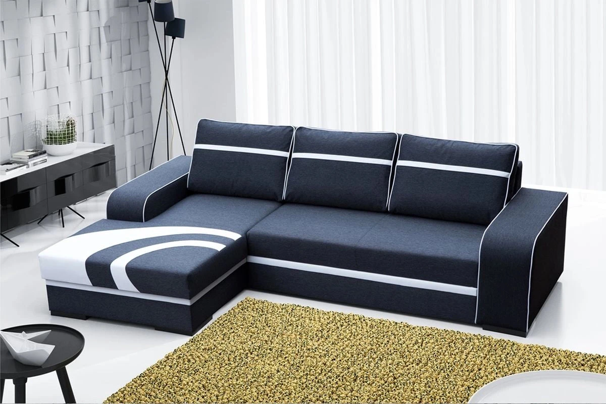 Sofá chaise longue grande con cama y arcón — Flores, Negro / Blanco