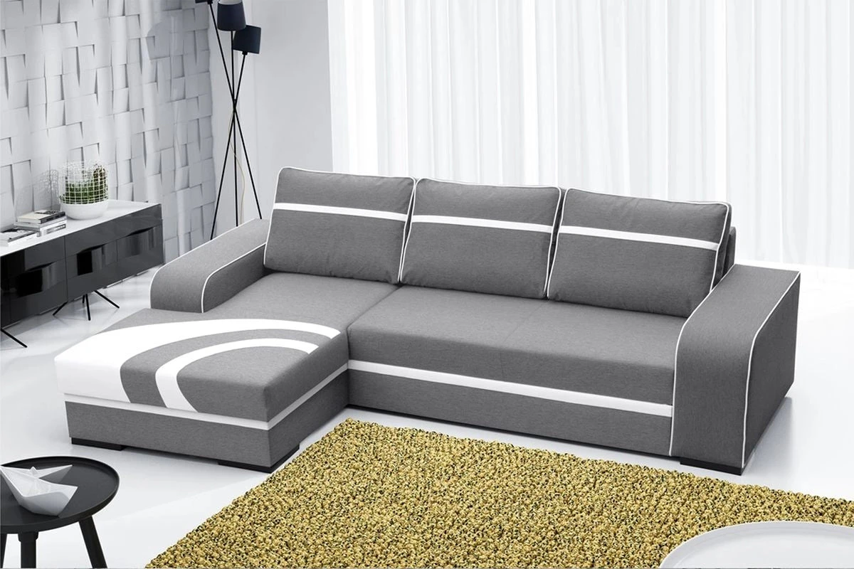 Sofá chaise longue grande con cama y arcón — Flores, Gris claro / Blanco