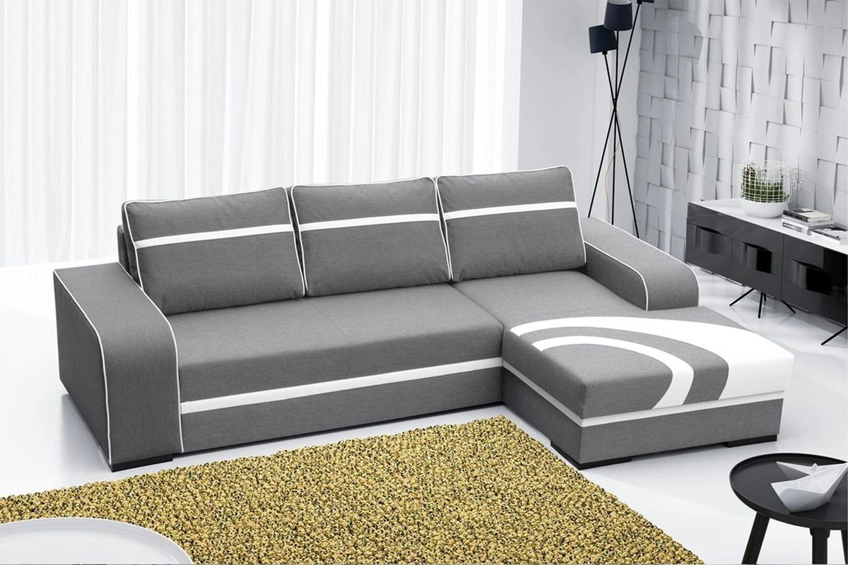 Sofá chaise longue grande con cama y arcón — Flores, Gris claro / Blanco