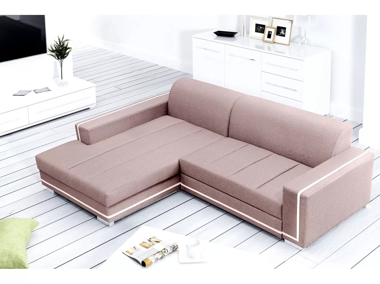 Sofá chaise longue tapizado convertible en cama - MARTÍN, Rosa / Blanco, 260cm x 177cm