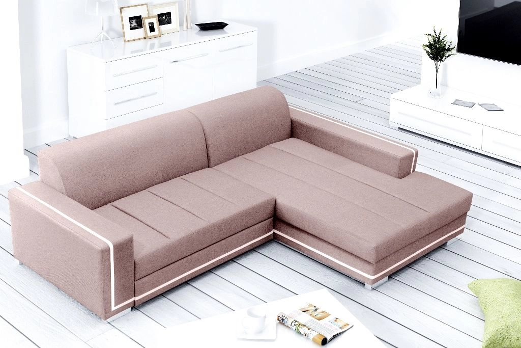 Sofá chaise longue tapizado convertible en cama - MARTÍN, Rosa / Blanco, 260cm x 177cm