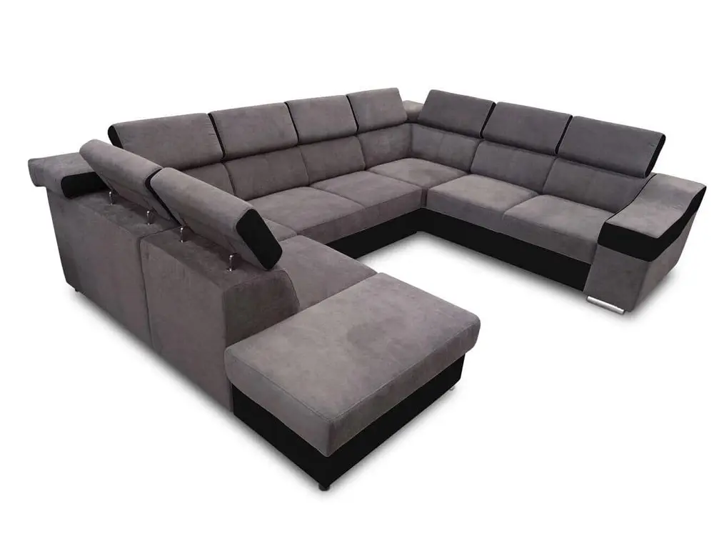 Sofá en forma de U - Ángela. Cama extraíble y reposacabezas reclinables. 7 plazas, gris / negro, tela / polipiel, 335x260