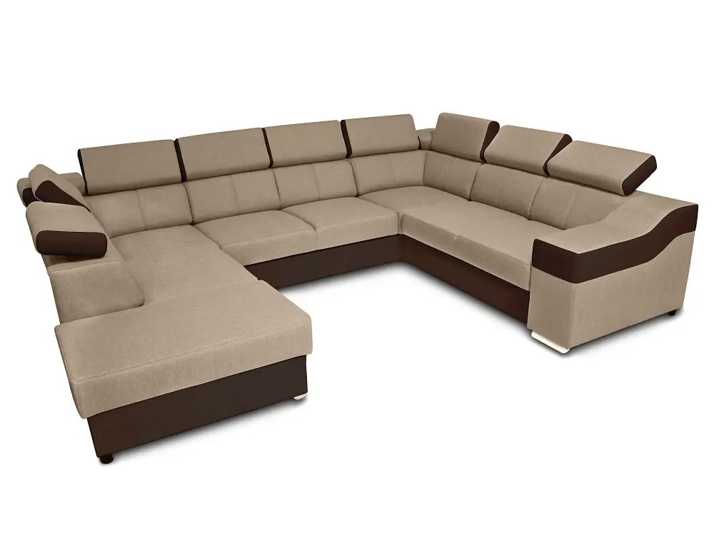 Sofá en forma de U - Ángela. Cama extraíble y reposacabezas reclinables. 7 plazas, Beige / Marron, 335x260