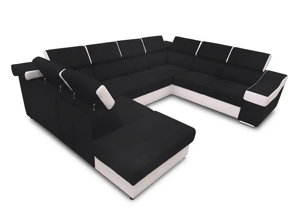 Sofá en forma de U - Ángela. Cama extraíble y reposacabezas reclinables. 7 plazas, negro / blanco, tela / polipiel, 335x260