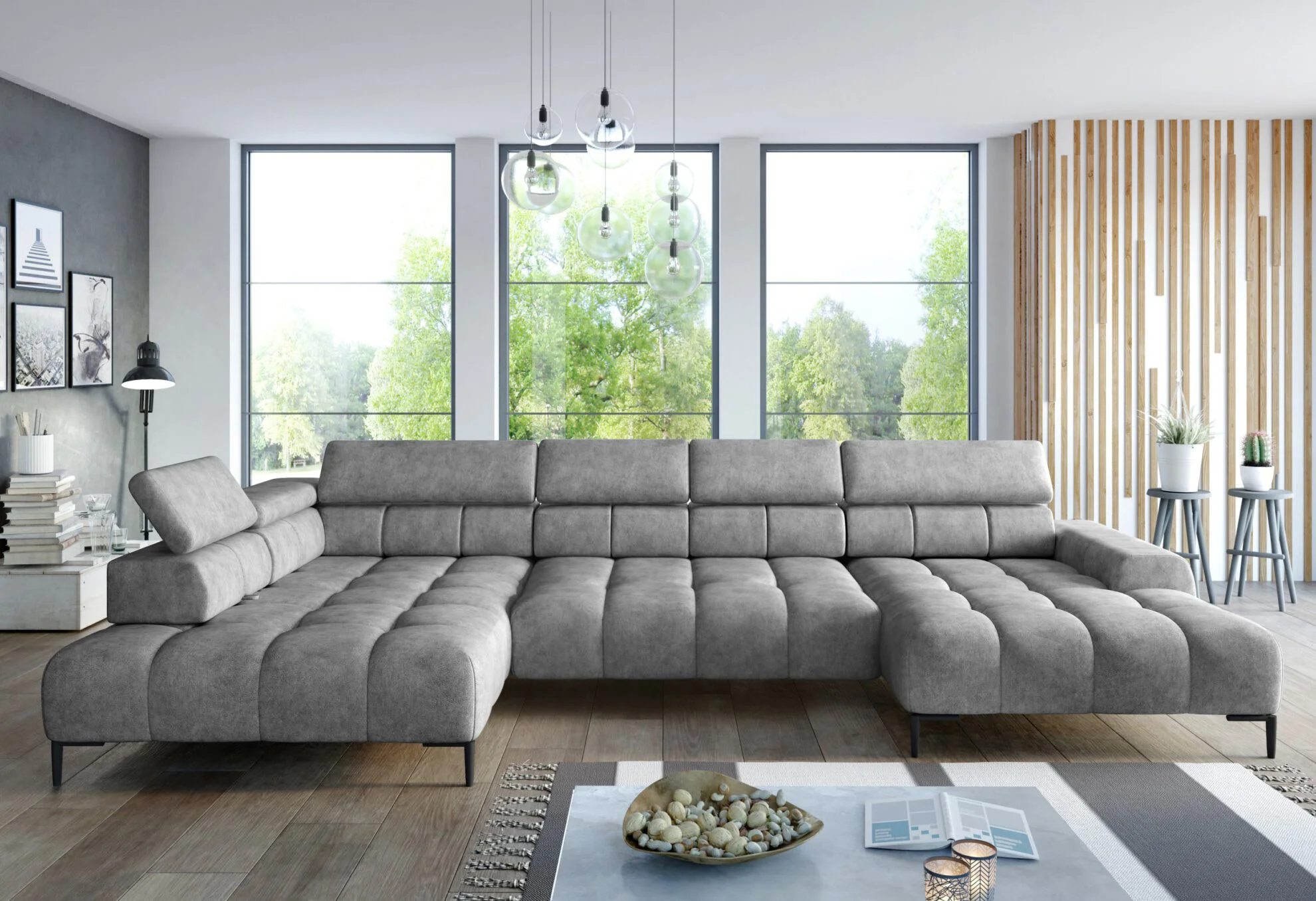 SOFÁ ASIENTO EXTENSIBLE ELÉCTRICO I PATAS ALTAS 385 CM X 216 CM PLAZA XL GRIS