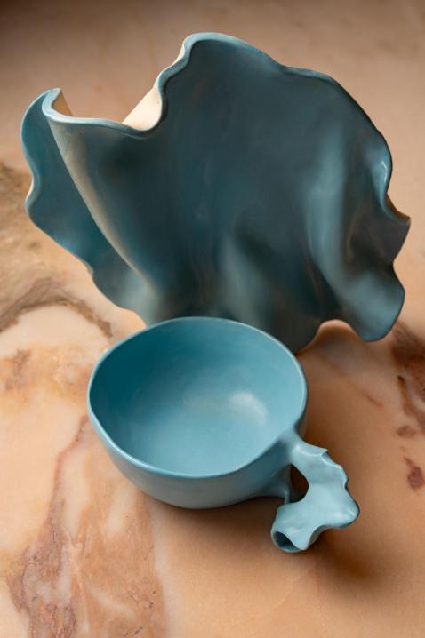 Foto Taza y Plato de Cerámica « Blue Flow » · Colección Yin