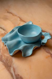Taza y Plato de Cerámica « Blue Flow » · Colección Yin