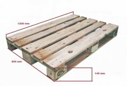 PALET EUROPEO HOMOLOGADO USADO PESO: 25 Kg CARGA DINÁMICA: 1000Kg MATERIA PRIMA: MADERA DE PINO TRATAMIENTO NIMF15 PARA EXPORTACIÓN: OPCIONAL MEDIDAS: 800 X 1200 145 mm