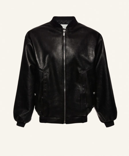 Oversized leather bomber jacket in black